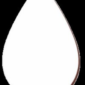 May include: White wooden teardrop-shaped ornament with a hole at the top for hanging.