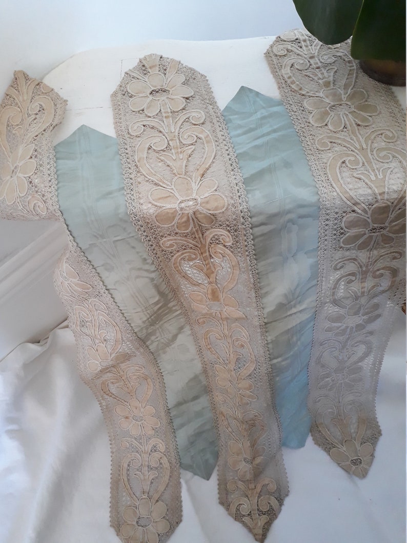 Antique Eau de nil watered silk and linen crewelwork mat/ Etsy