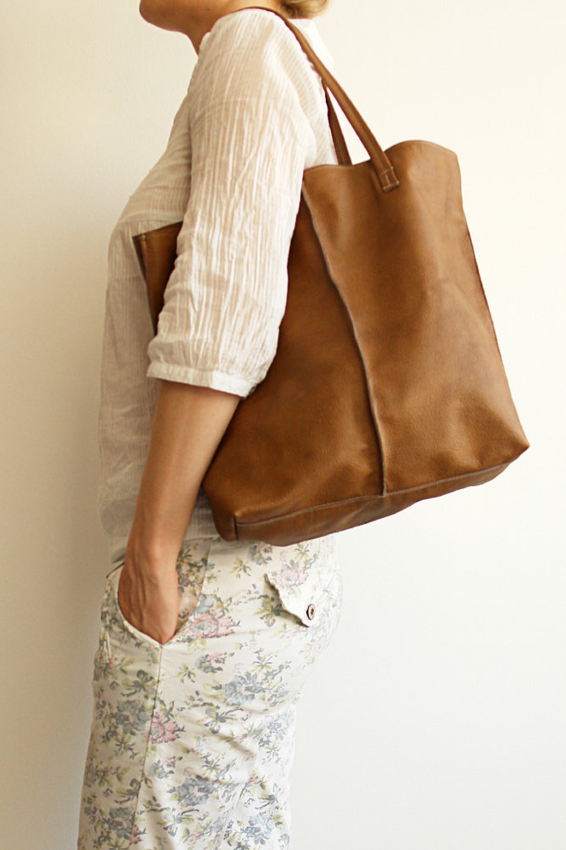 Camel Shopper Tote Bag Leather shopper bag | Etsy