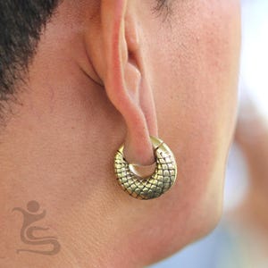 May include: A brass-colored, circular earring with a textured, scale-like pattern. The earring is worn in a stretched earlobe, showcasing its unique design and craftsmanship. The jewelry piece has a hinged closure.