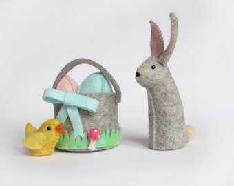 Easter Bunny Sewing Pattern - Felt Rabbit in Felt Basket with Easter Eggs PDF