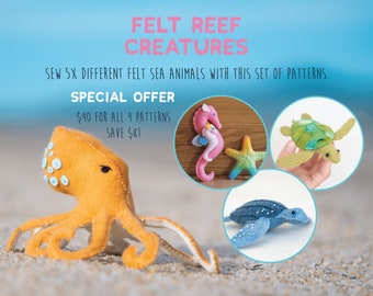 Felt Reef Creatures Sewing Pattern PDFs Bundle - 4x Sewing Patterns for Octopus, Star Fish, Sea Horse and Sea Turtles.