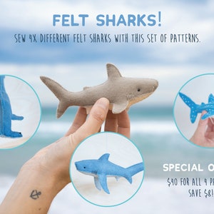 Felt Shark Sewing Pattern PDFs Bundle - 4x Sewing Patterns for Reef Shark, Hammerhead, Whale Shark and Thresher Shark