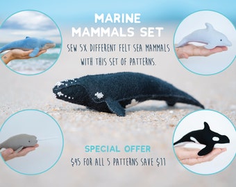 The Ultimate Felt Marine Mammal Set - Orca, Humpback, Right Whale, Dolphin and Narwhal PDF Sewing Patterns for felt toys.