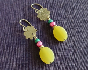 Colorful Bright Chartreuse Green Hot Pink Pearls And Turquoise Earrings Dangle From A Sterling Silver Hammered Daisy Shaped And Ear wire