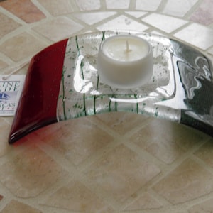 Red and Green &quot;Christmas&quot; Fused Glass Bridge Candle Holder with Soy Wax Candle