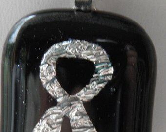 Silver Dichroic Fused Glass Diabetes Awareness Ribbon Pendant