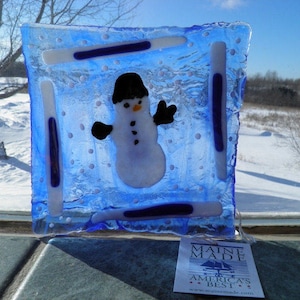 Mosaic Snowman Blue and White Fused Glass Dish Plate