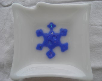 Blue Dichroic Snowflake Fused Glass Soap Dish