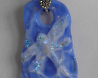 Blue, White and Dichroic Fused Glass Holey Dragonfly Pendant
