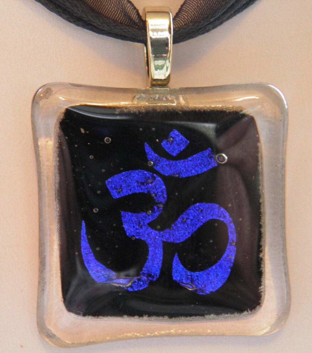 Etched Blue Dichroic Fused Glass Sanskrit Omaum Pendant Etsy UK