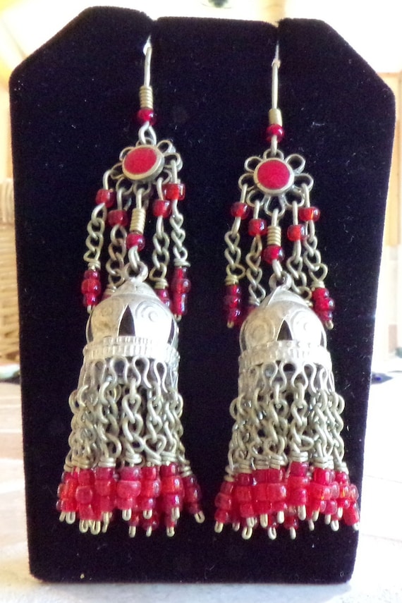 Vintage Tribal Middle Eastern Red and Silver Earri