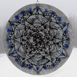 Mandala Mosaic Fused Glass Suncatcher Ornament: Black, Blue and White