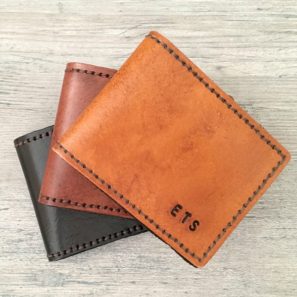Mens Wallet - Leather bi-fold personalized with name or initials, 3rd anniversary gift for husband, boyfriend, father, billfold