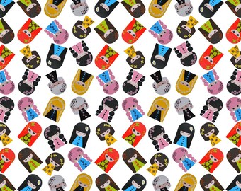 Cute Doll Print Wrapping Paper featuring original paintings of Japanese Dolls, Birthday Gift Wrap