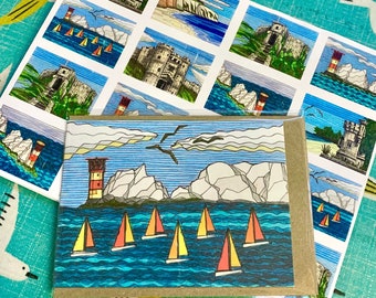 Isle of Wight Card and Wrapping Paper pack. The Needles Boat Race Greetings Card with one sheet of Isle of Wight print