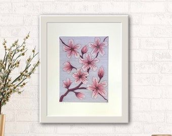 Pink Cherry Blossom ART PRINT, Japanese Cherry Blossom, Sakura Blossom Artwork, Print of Original Flower Drawing, Spring Flower Wall Art