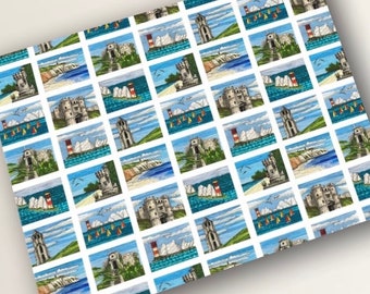 Isle of Wight print Wrapping Paper featuring original art drawings of Isle of Wight landmarks, Isle of Wight Gift Wrap