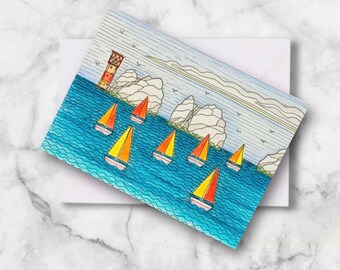 Boat Race at The Needles, Isle of Wight art print Greetings Card, Sailboat Card, IOW