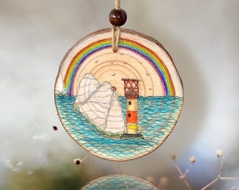 Isle of Wight Art, The Needles, Isle of Wight, Hand-drawn Wood Slice Art, Lighthouse and Rainbow Drawing, IOW decoration, Sea theme decor