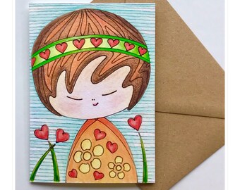 Kokeshi Doll Art Print Card: Japanese Friendship Greetings