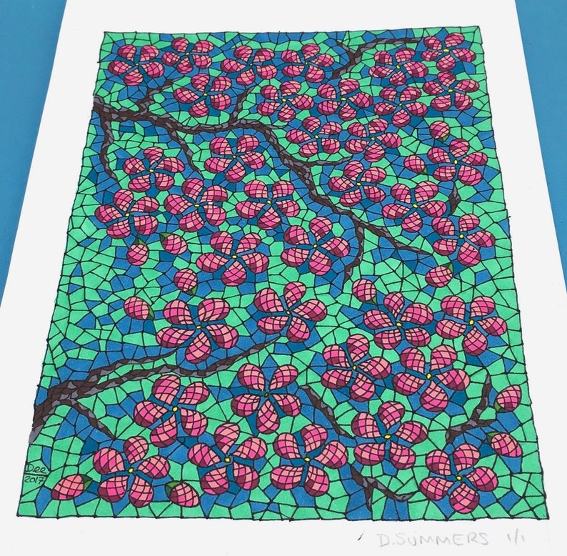 Cherry Blossom Drawing Japanese Blossom Mosaic Original Etsy