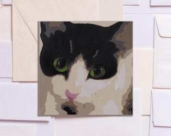 Black and White Cat Art Card: Original Cat Face Print