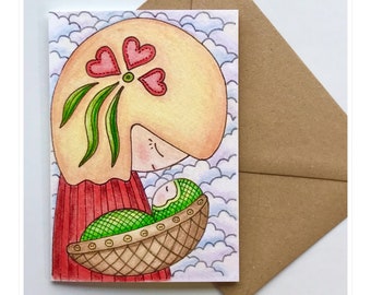 Kokeshi Doll New Baby Card: Art Print Greetings Card