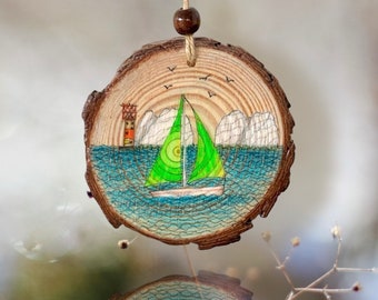 Original Isle of Wight Art, The Needles, Isle of Wight, Hand-drawn Wooden Decoration, Original Wood Artwork, Sailboat gift idea