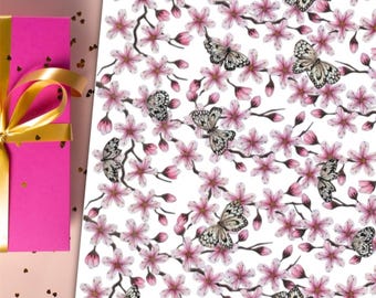 Cherry Blossom Wrapping Paper: Pink Floral Butterfly Print