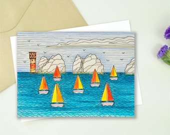 Needles Lighthouse Boat Race Greetings Card: Isle of Wight Art Print