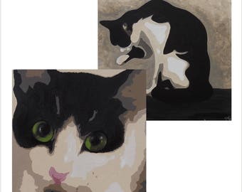 Original Cat Art Card Pack, Black and White Cat Greetings Card Pack of 2, Grooming Cat Birthday Card, Cat with Green Eyes, Blank Card
