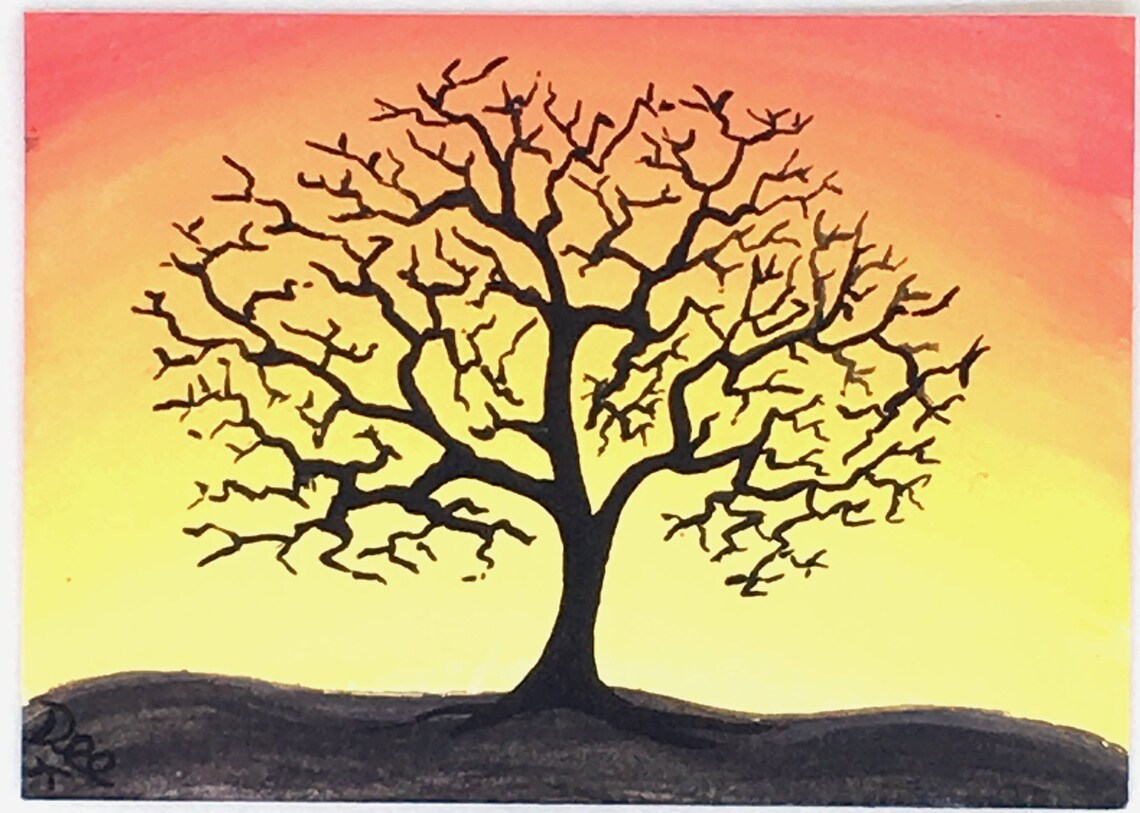 Silhouette Tree ACEO Original Watercolour Painting Black Etsy