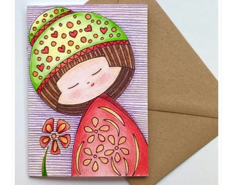 Kokeshi Doll Greetings Card: 'Cutie Pie' Art Print