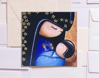Kokeshi Doll Mother and Baby Card: Art Print Greetings Card