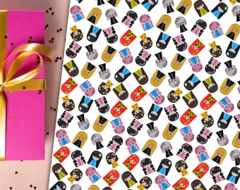 Kokeshi Doll Wrapping Paper: Japanese Art Print Birthday Gift Wrap