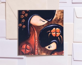 Kokeshi Doll Art Card: 'Mother and Child' Japanese Greetings Card