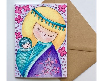 Kokeshi Doll Art Print Card: Mother and Baby, Japanese Design