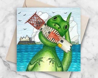 Isle of Wight Greetings Card, Dinosaur at The Needles Lighthouse, Quirky Isle of Wight Art Print Card, Dinosaur Birthday Card, Kids card