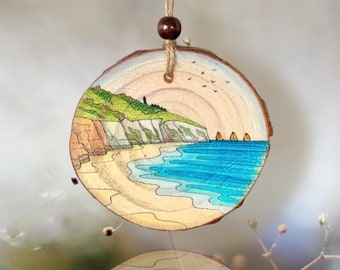 Isle of Wight Wood Slice Art, Hand-drawn original of Yaverland Beach and Culver Down, Isle of Wight Gift