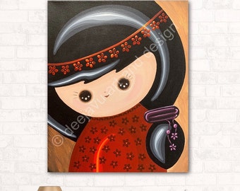 Japanese Kokeshi Doll Painting, Japan Doll Original Art, Kawaii Painting on Canvas, Cute Home Decor, Japanese Inspired Home Decor