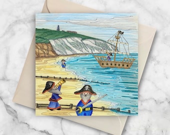 Isle of Wight Greetings Card, Pirates at Yaverland Beach, Isle of Wight Art Print Card, Isle of Wight Gift Idea, Pirate Birthday Card