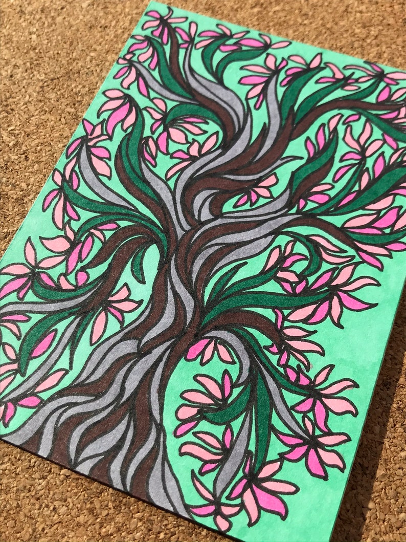 Pink Blossom Tree ACEO Original pen and ink Artist Trading Etsy