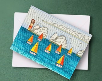 Boat Race at The Needles, Isle of Wight art print Greetings Card, Sailboat Card, IOW