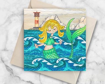 Isle of Wight Mermaid Greetings Card, Mermaid at The Needles Lighthouse, Isle of Wight gift idea, Birthday Card for her