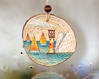 Isle of Wight Art, The Needles, Isle of Wight, Hand-drawn Wood Slice Art, Lighthouse and Sailboat Hanging Decoration, Original Wood Artwork