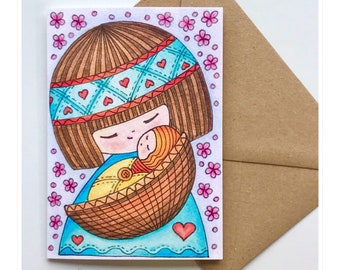 Kokeshi Doll New Baby Card: Mother & Baby Art Print