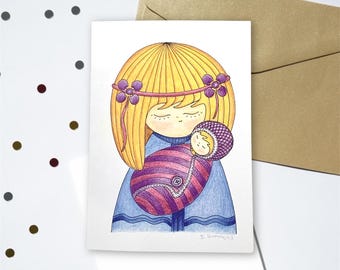 Kokeshi Doll New Baby Card: Mother and Baby Art Print
