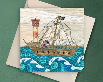 Isle of Wight Greetings Card, Pirate Ship at The Needles Lighthouse, Isle of Wight Art Print Card, Isle of Wight gift idea, Card for him