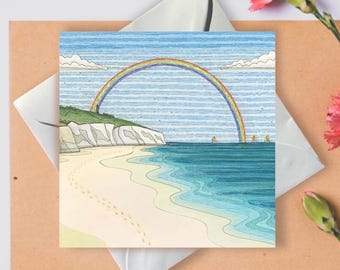 Isle of Wight Greetings Card: Yaverland Beach Rainbow Art